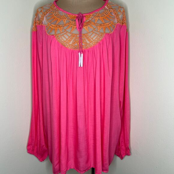 David Meister Peasant Top 1X Womens Plus Embroidered Relaxed Pink Orange Rayon - Picture 1 of 8